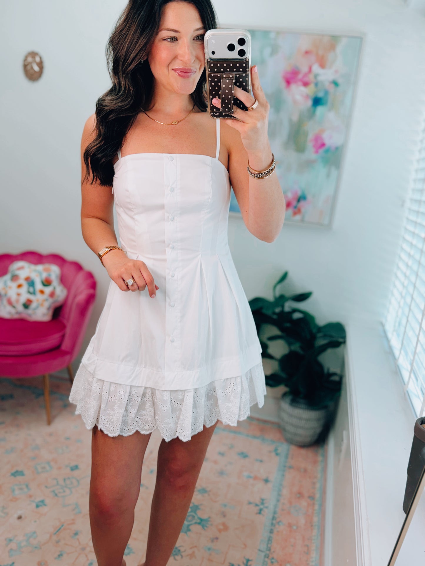 Poplin Pleated Eyelet Mini Dress - White