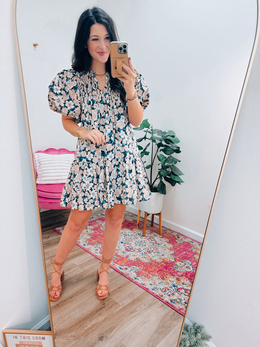 Charcoal Blue Floral Puff Sleeve Mini Dress