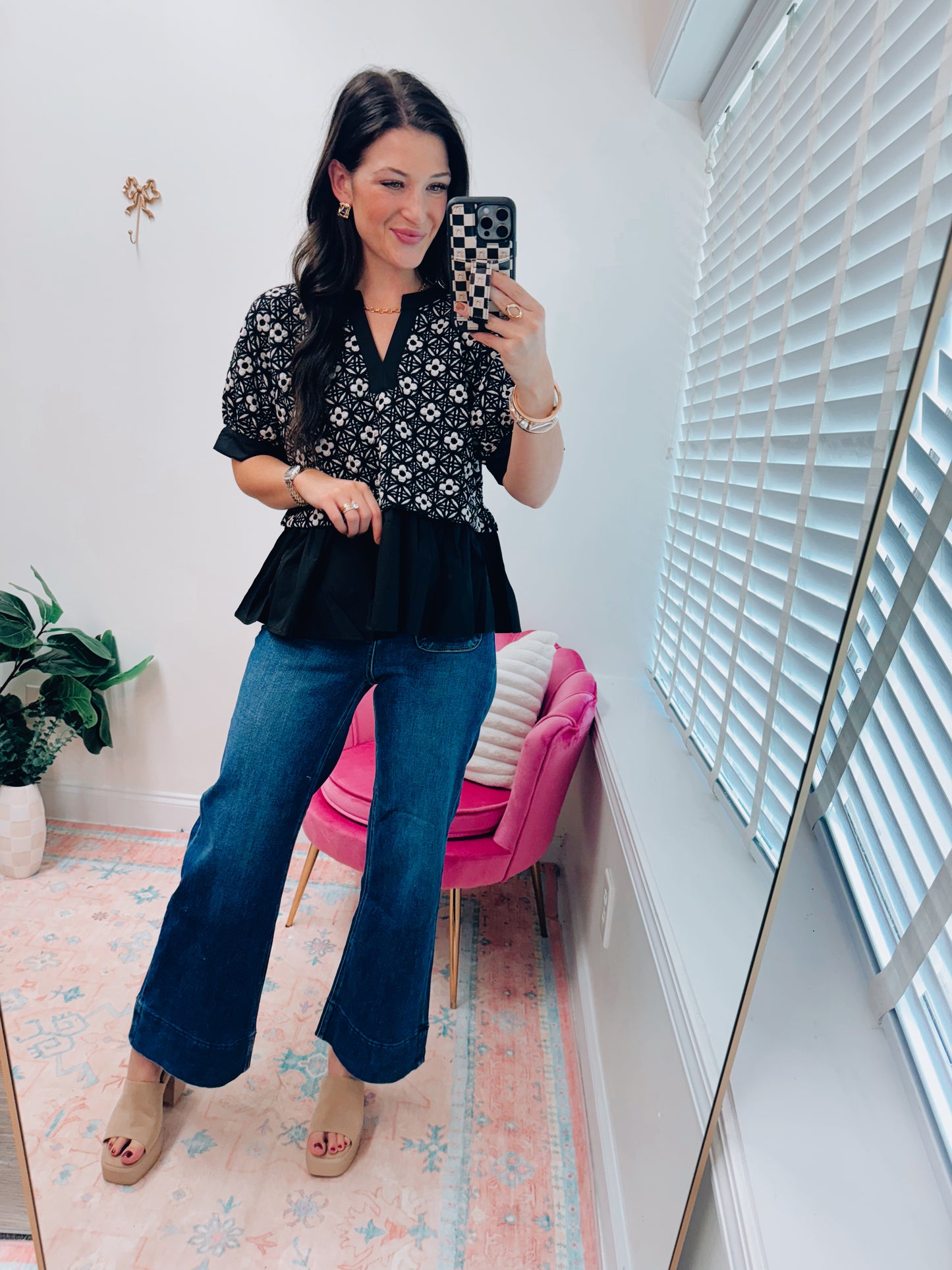 Darcy Floral Mix Media Top - Black
