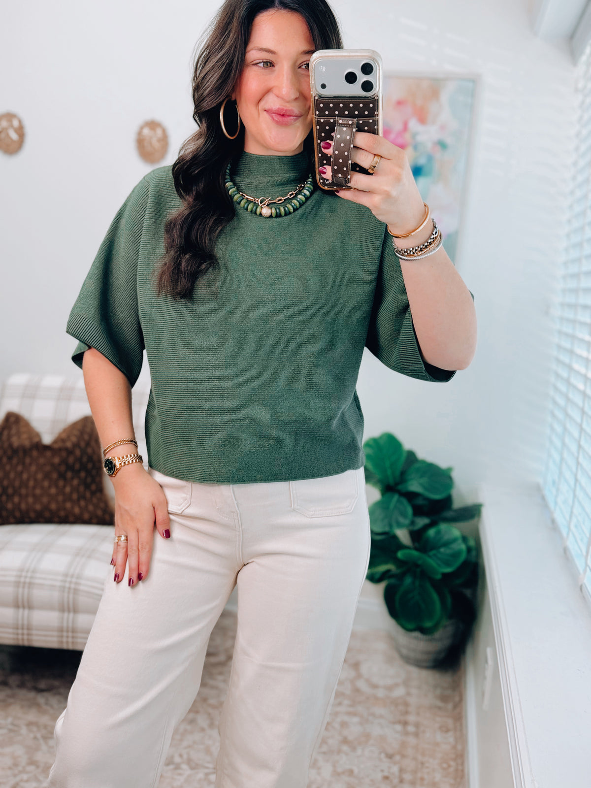 Tess Olive Ribbed Mock Top