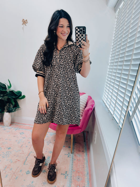 Ivy Thick Collar Leopard Block Mini Dress