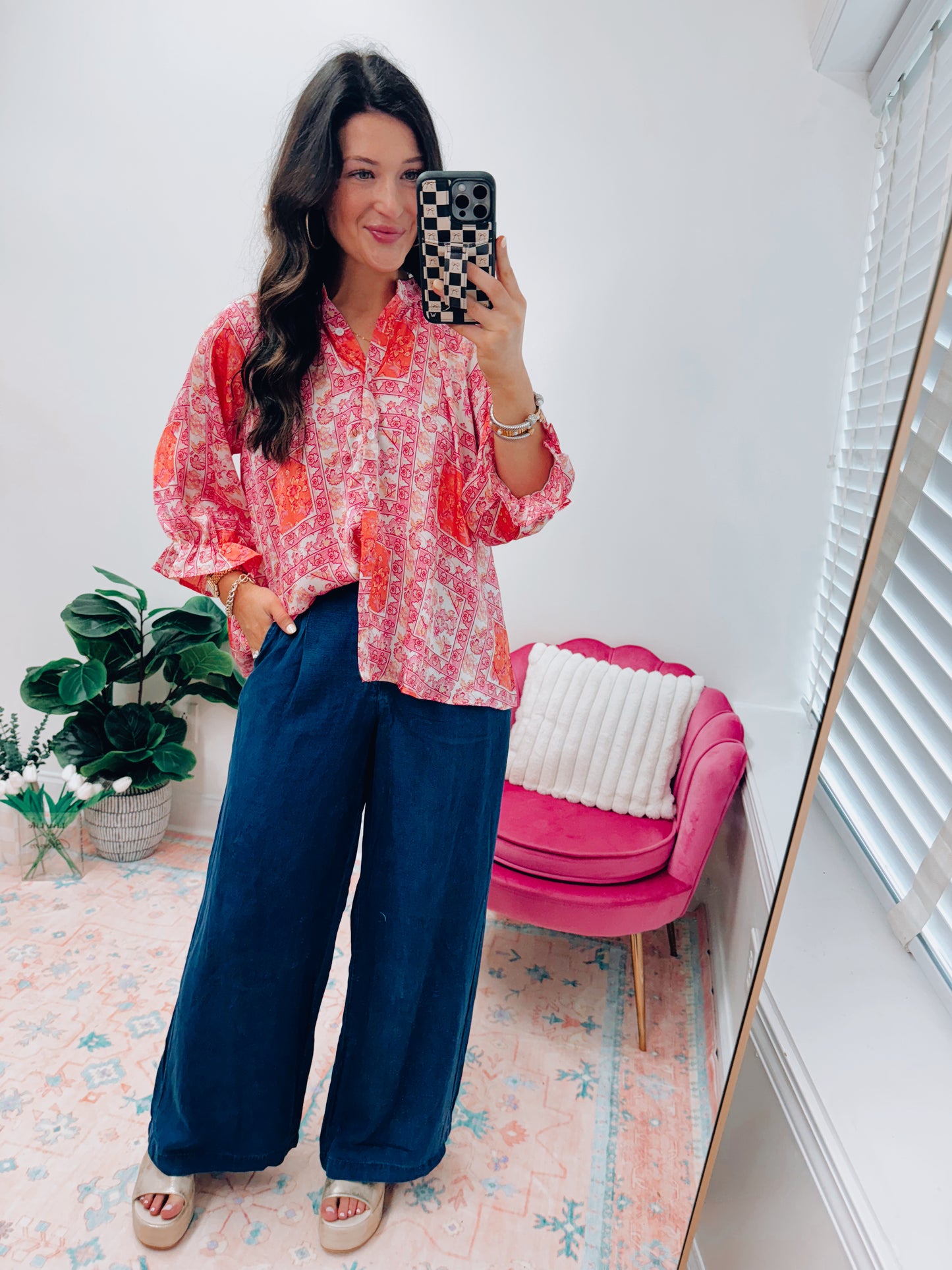 Dark Chambray Pintuck Wide Leg Pants