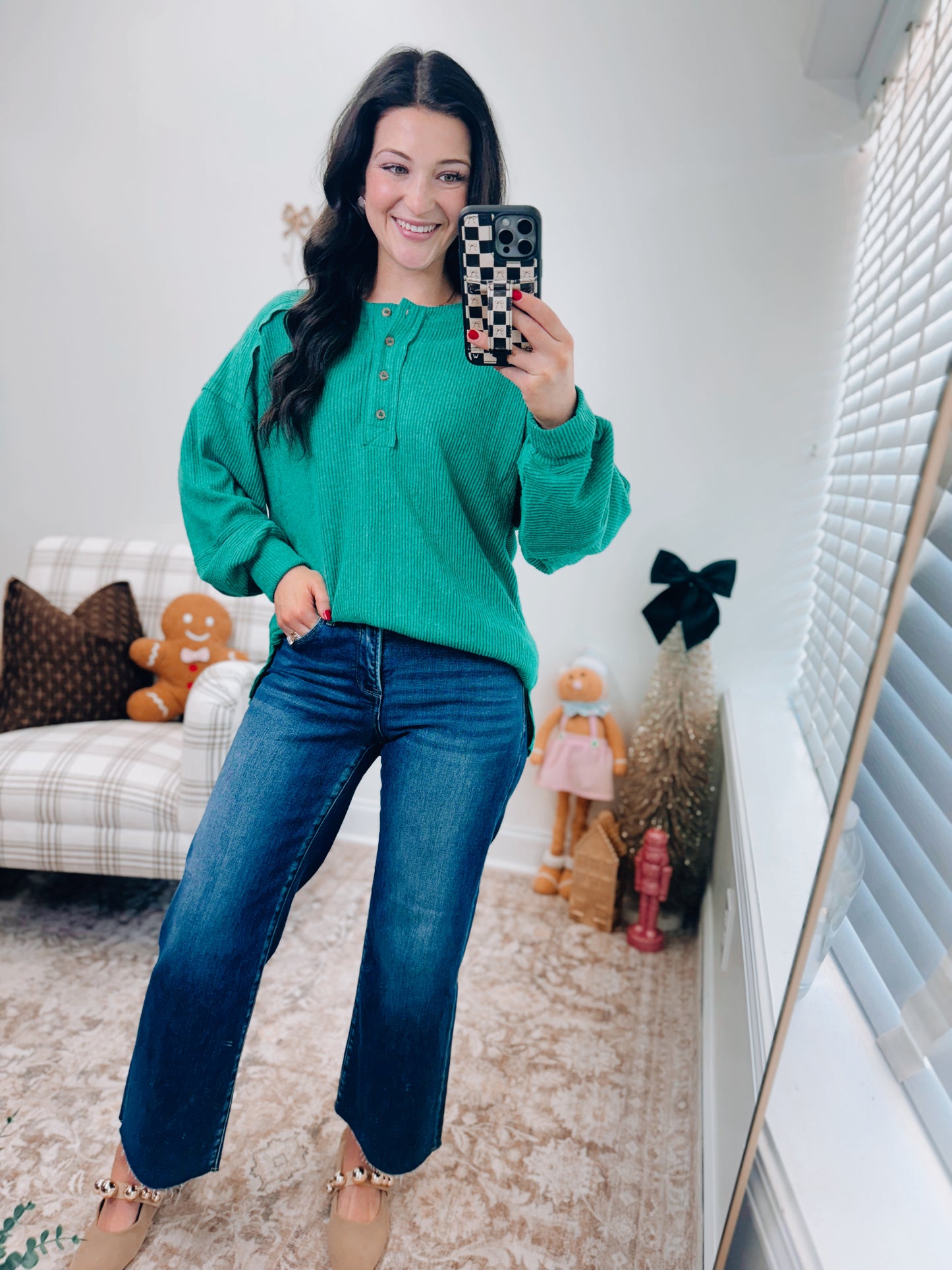 Button Brushed Ribbed Sweater - K Green