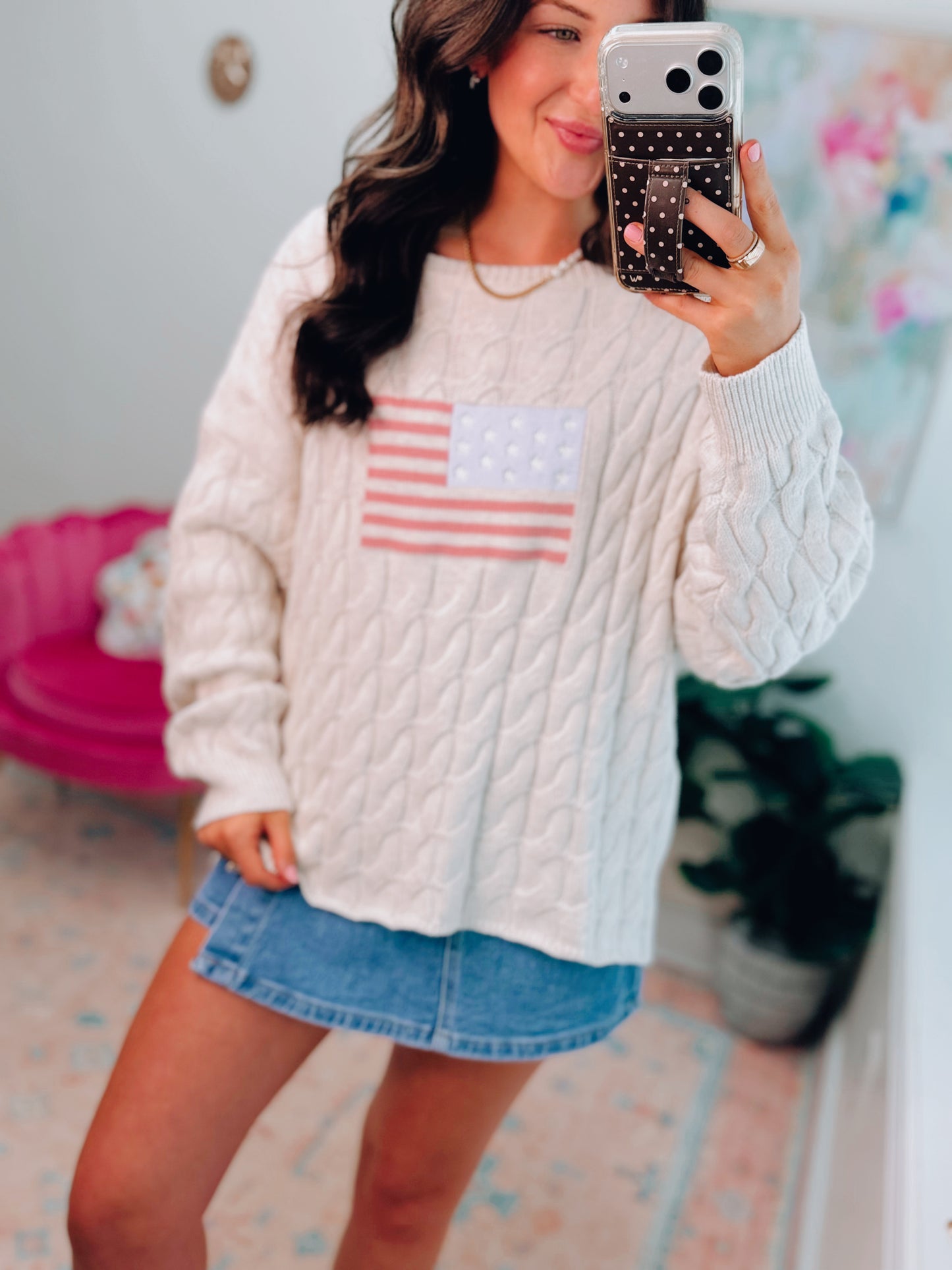 Boatneck Cable American Flag Knit Top