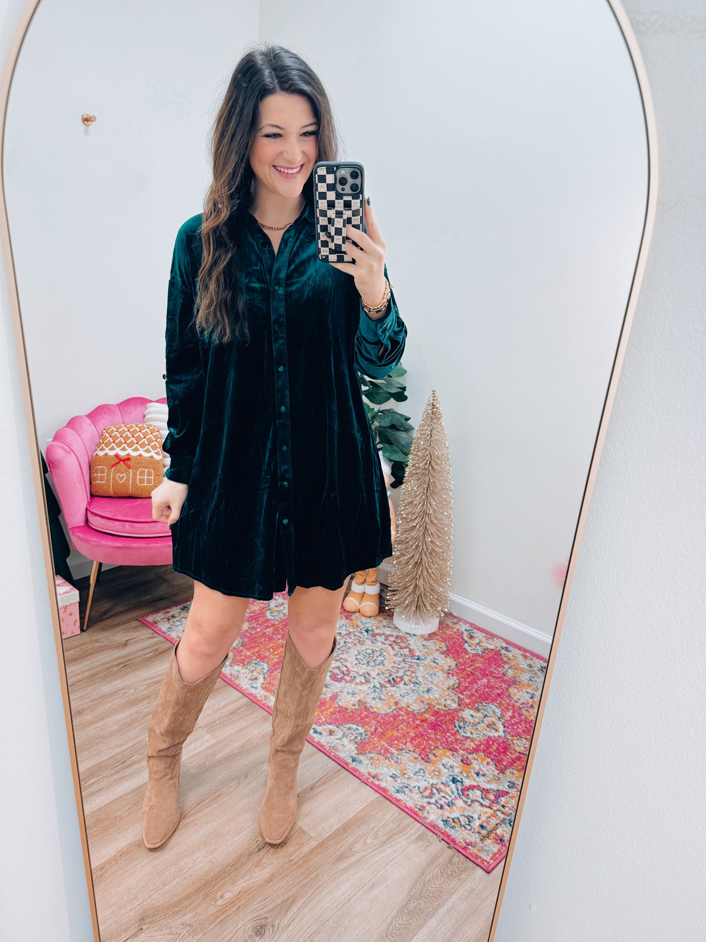 Velvet Forest Button Mini Dress