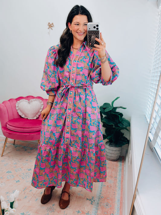 Meadow Bloom Puff Midi Dress