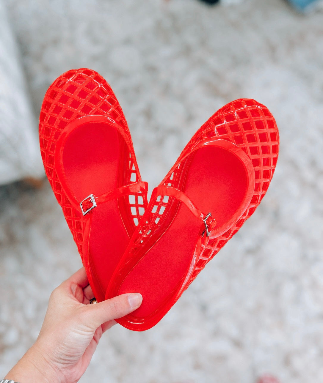 Red Jelly Mary Jane Open Flats