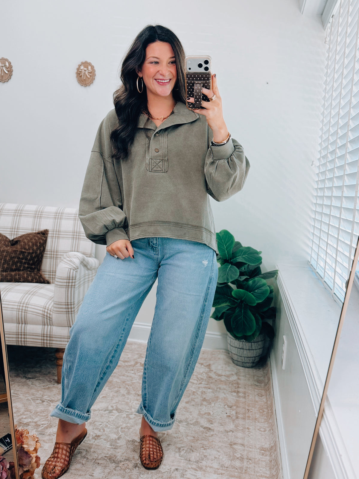 Olive Suede Button Oversized Top