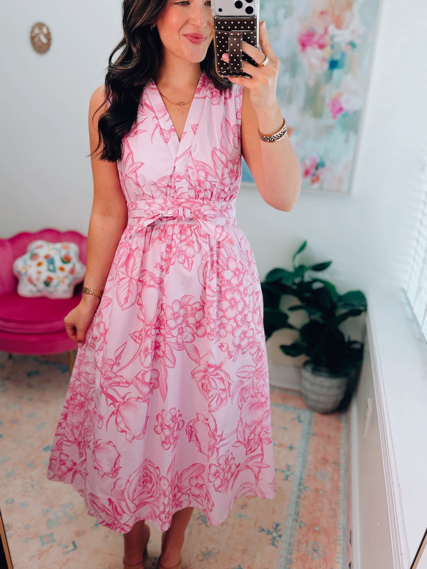 Pink Floral Tie Midi Dress