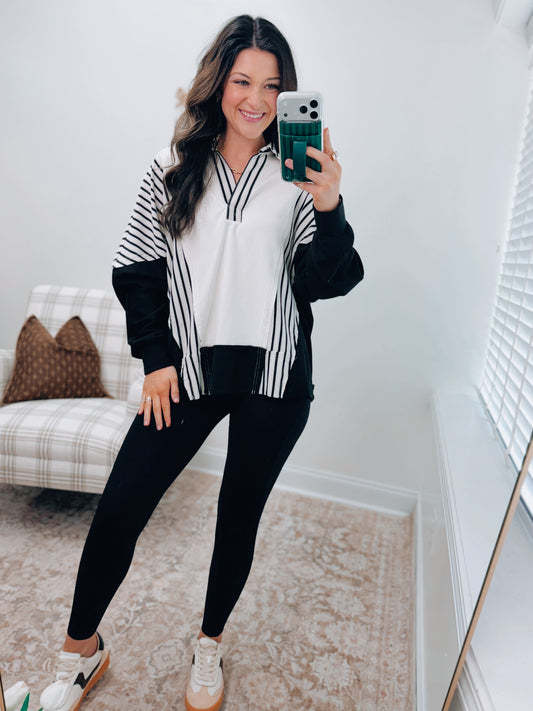Colorblock Stripped Collar Pullover Top