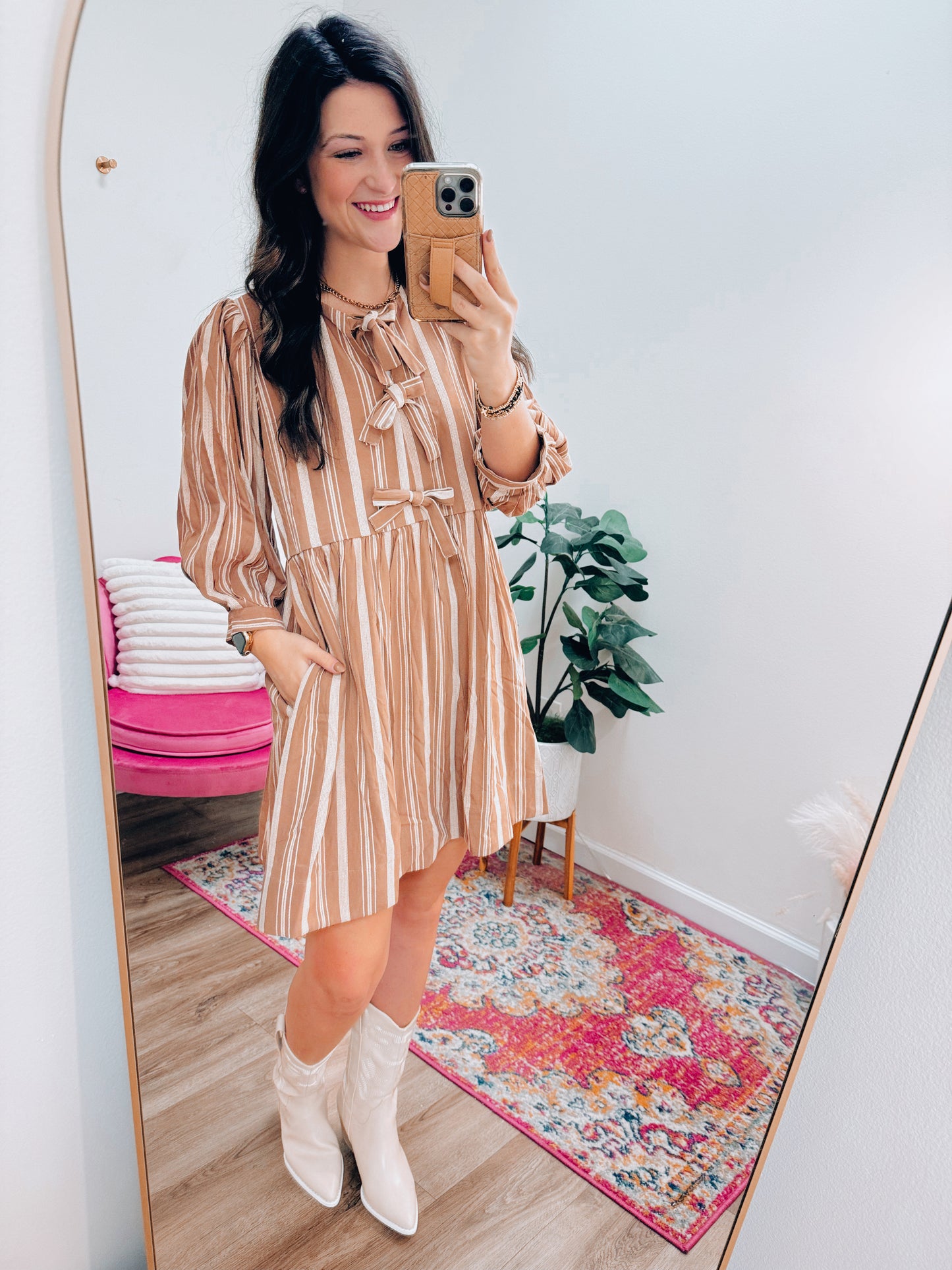 Camel Bow Striped Mini Dress