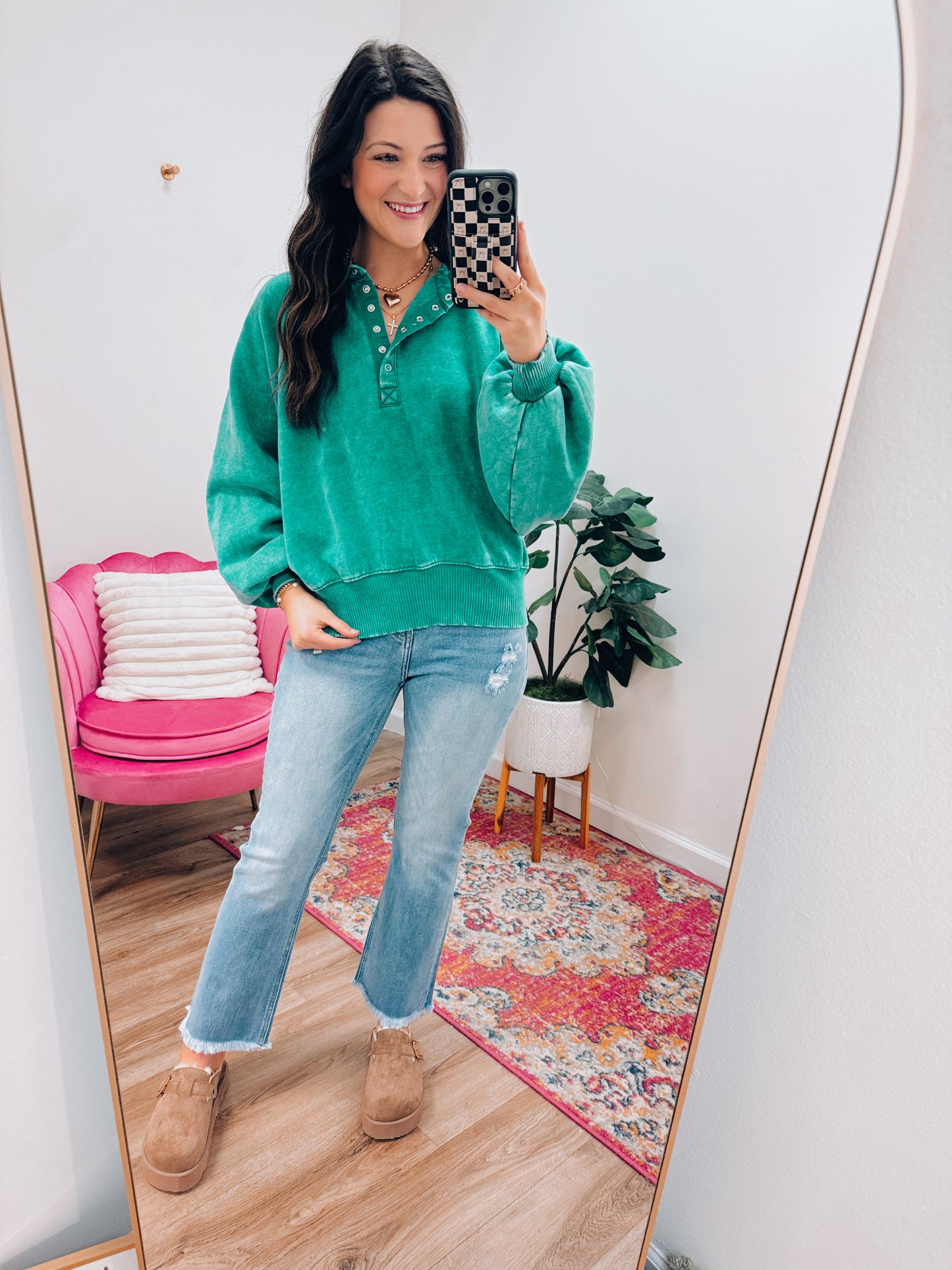 Mineral Wash Button Pullover - Kelly Green