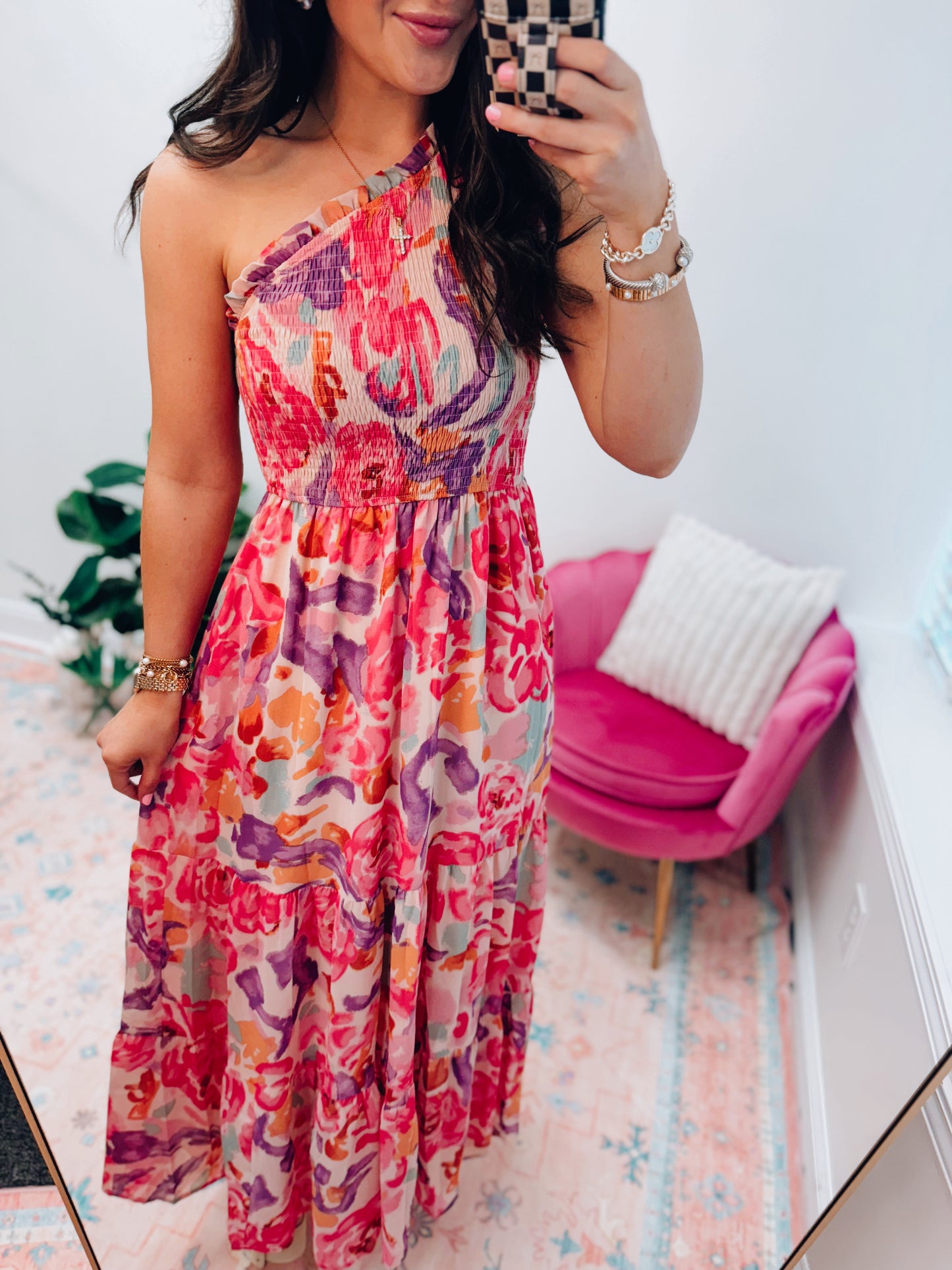 One Shoulder Smocked Abstract Maxi Dress
