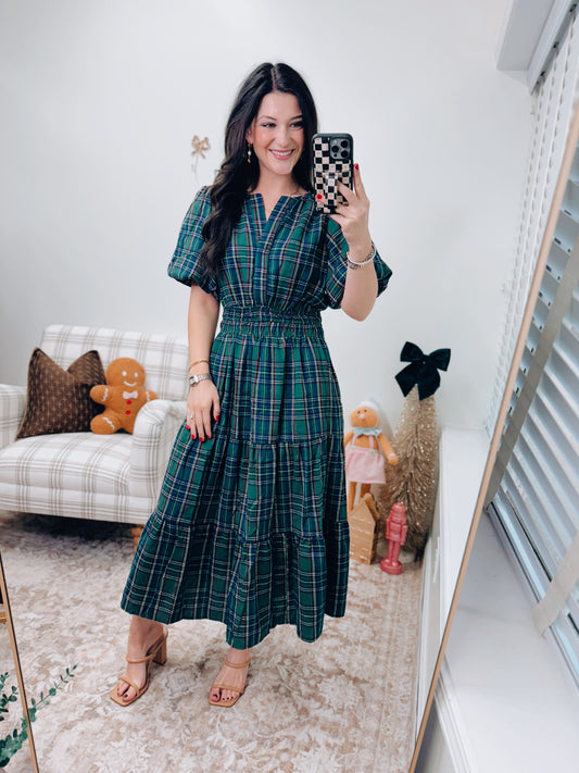 CURVY Woven Green Plaid Smocked Midi Dress
