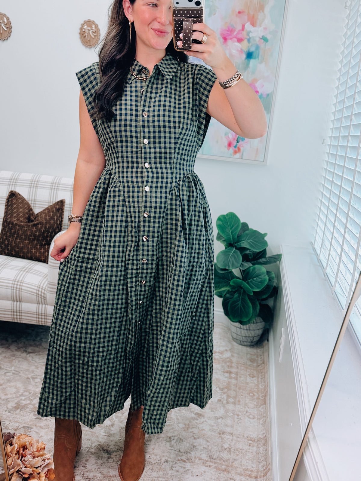 Callie Gingham Gold Button Midi Dress
