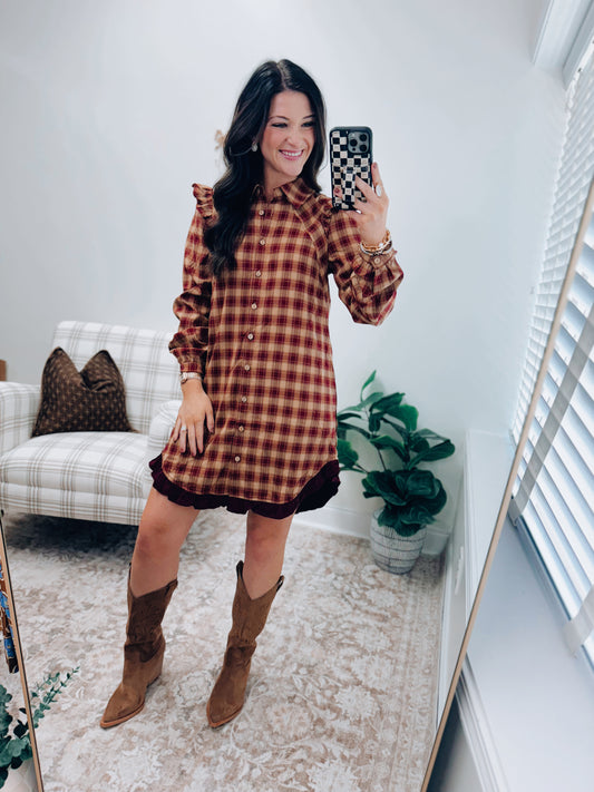 Cider Plaid Mini Ruffle Dress