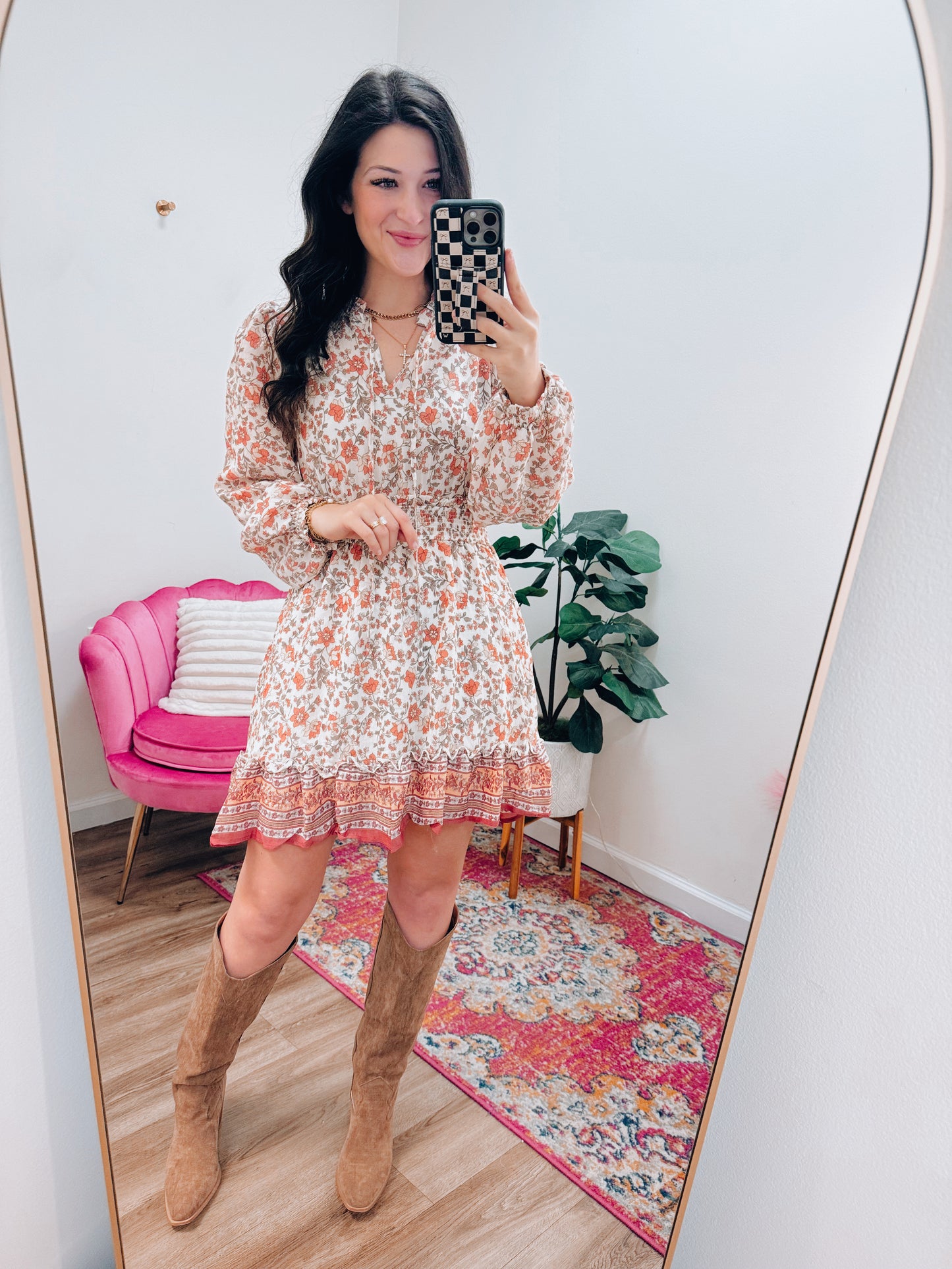 Floral Border Smocked Mini Dress