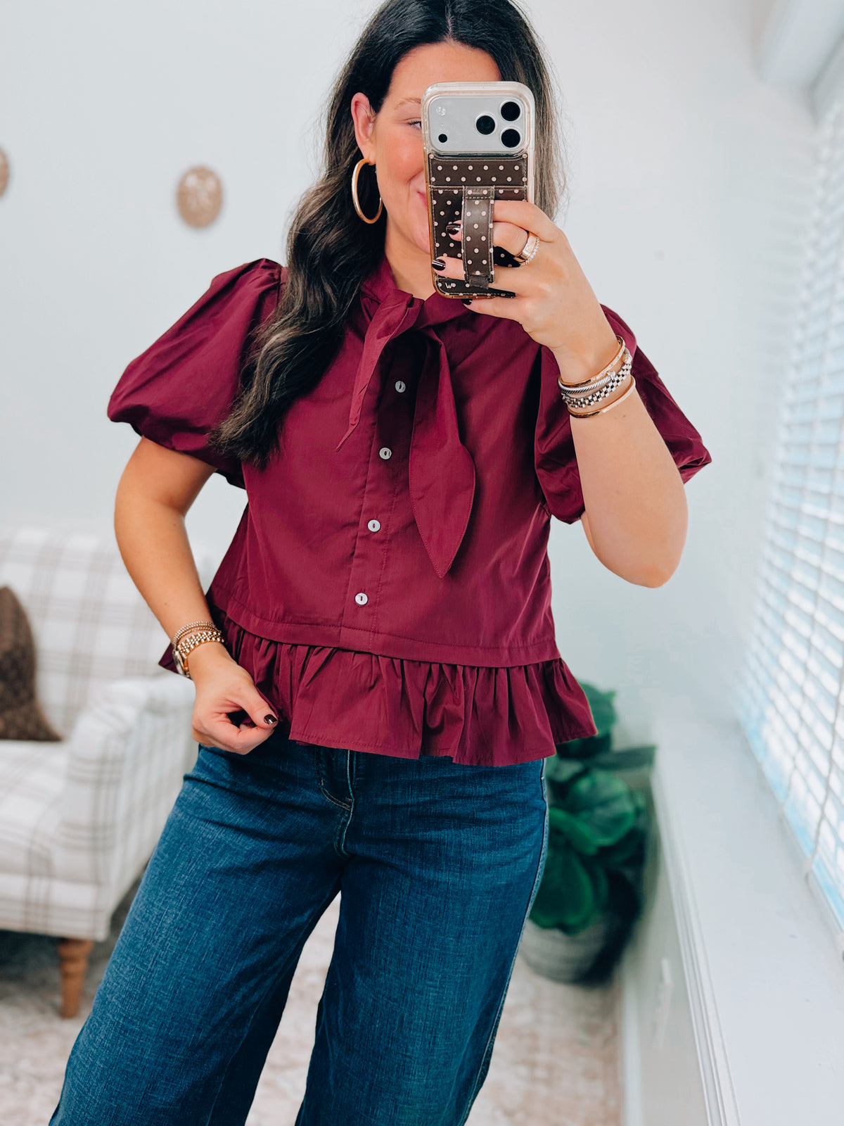 Burgundy Button Ruffle Tie Top