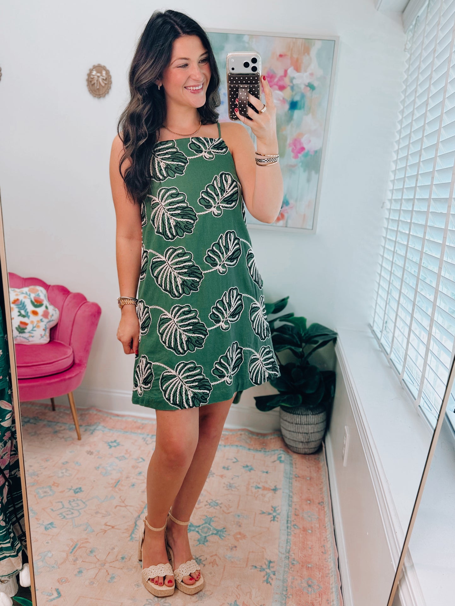 Palm Matcha Embroidered Mini Dress
