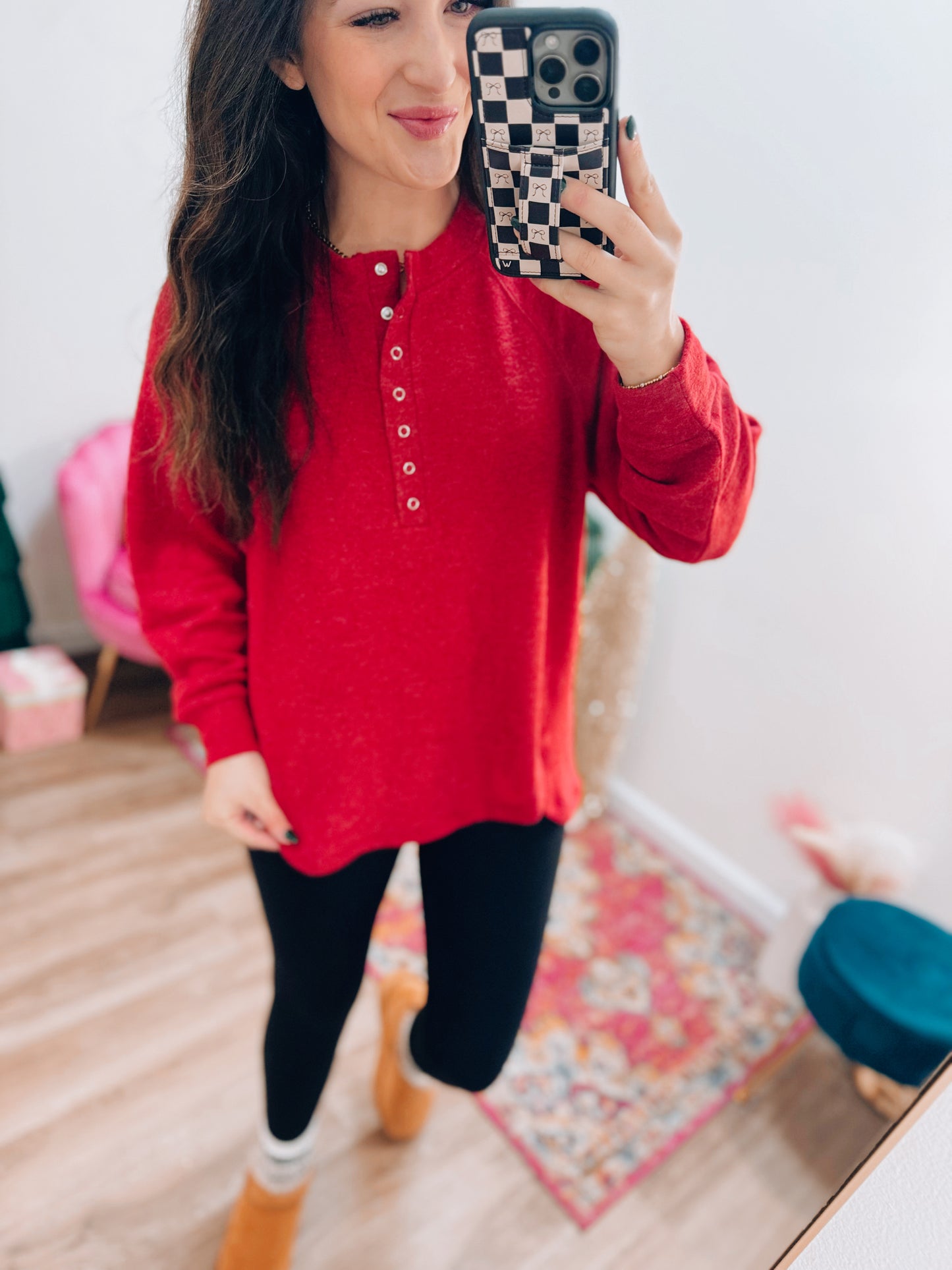 Button Brushed Sweater - Red