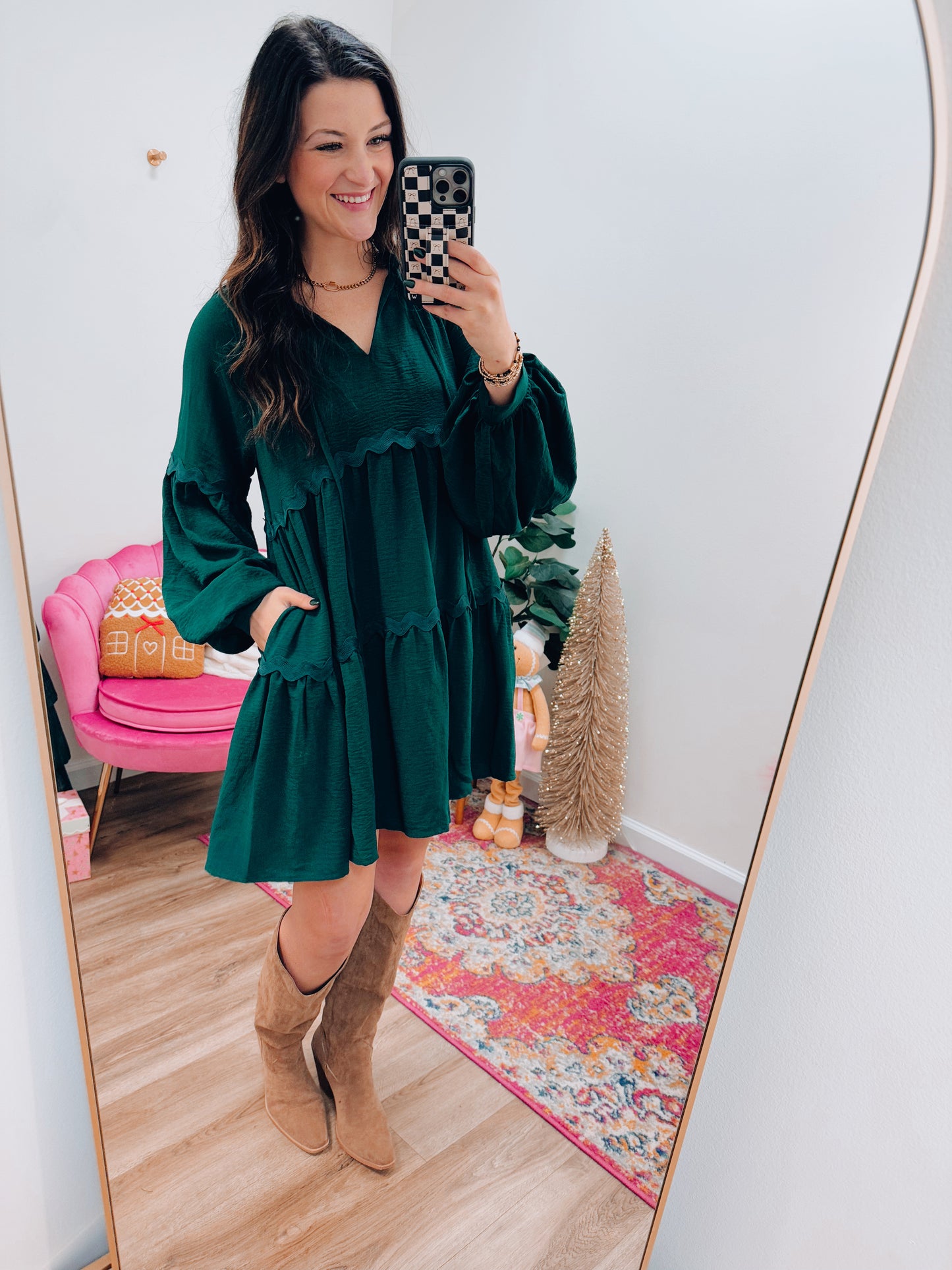 Green Scallop Trim Mini Dress