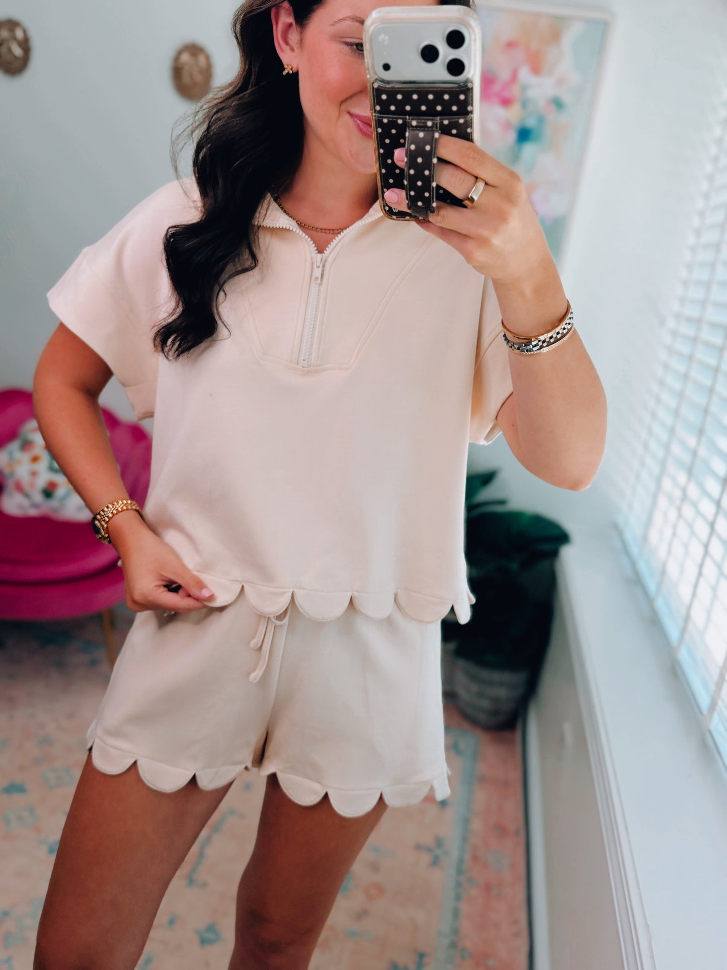 Beige Scalloped Scuba Shorts Set