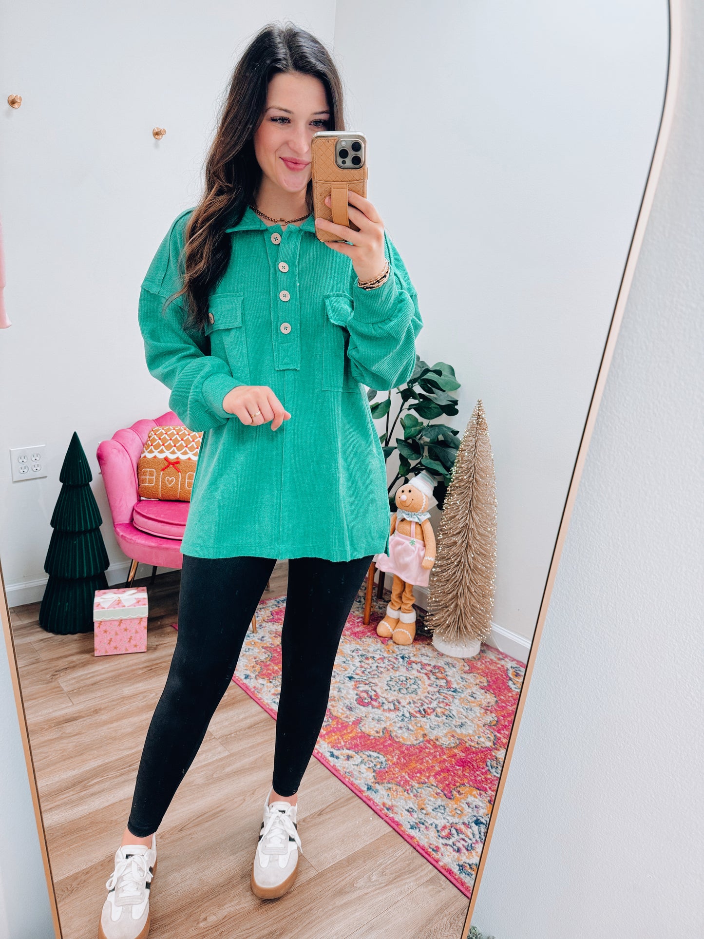 Henley Knit Button Top - Green