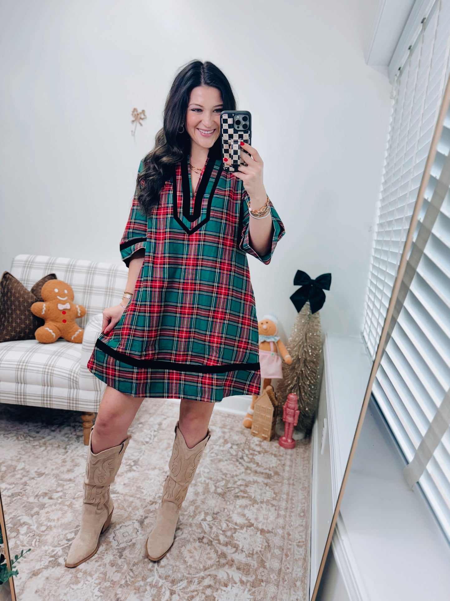 Velvet Green Plaid Mini Dress