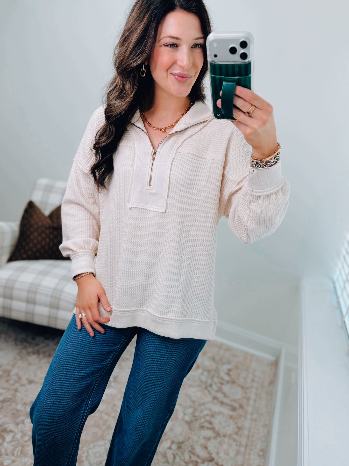 Everyday Layer Zip Patch Top - Cream