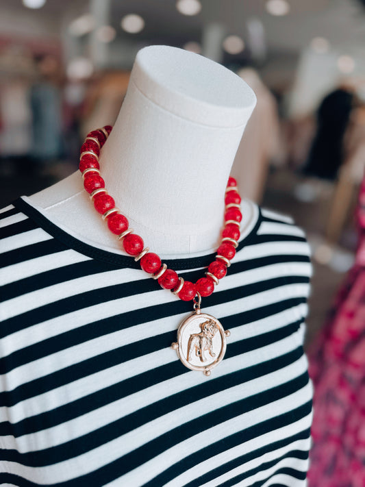 Chunky Chain Bulldog Coin Necklace - Red