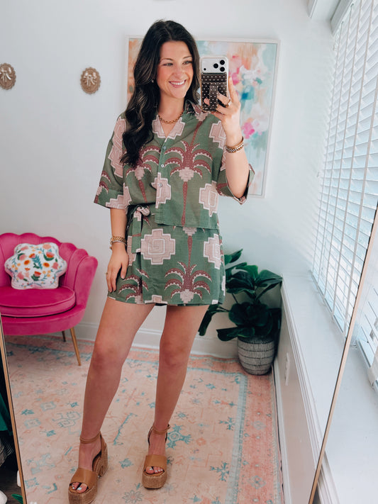 Palm Paradise Olive Linen Skort Set