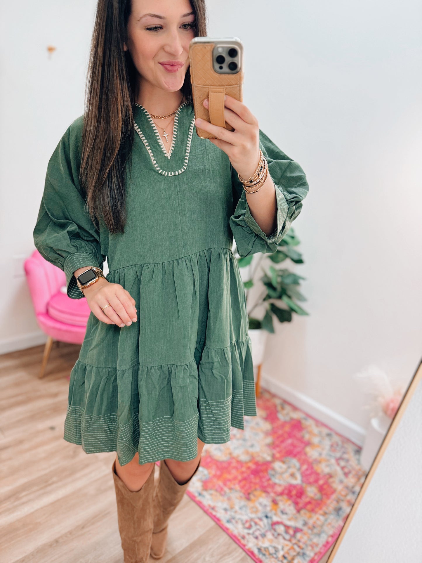 Embroidered Olive Mini Dress