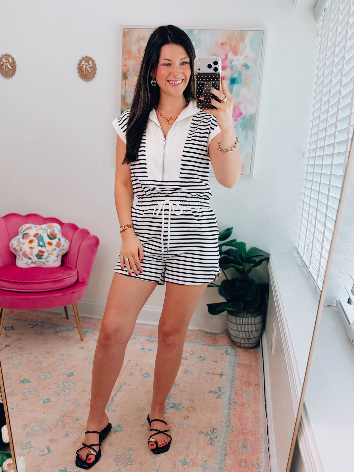 Half Zip Striped Romper