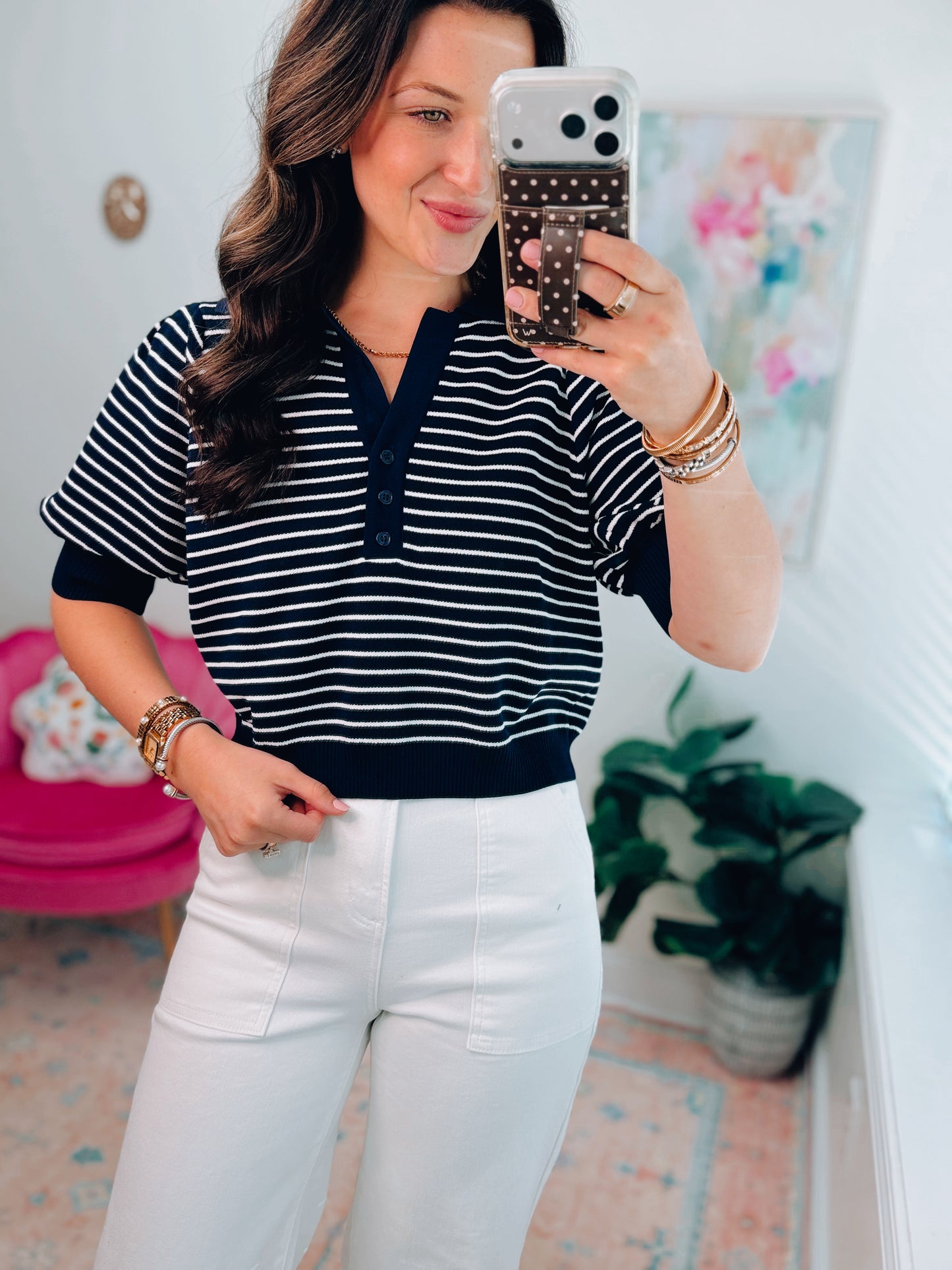 Navy Striped Button Collar Top