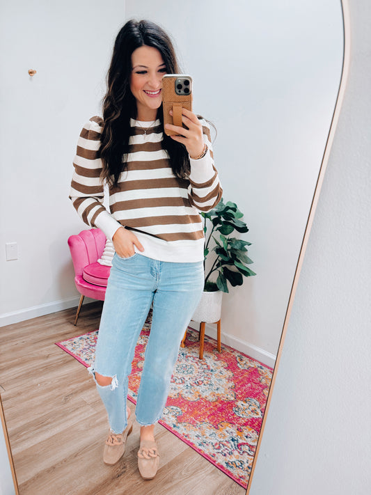 Taupe Striped Puff Sleeve Top