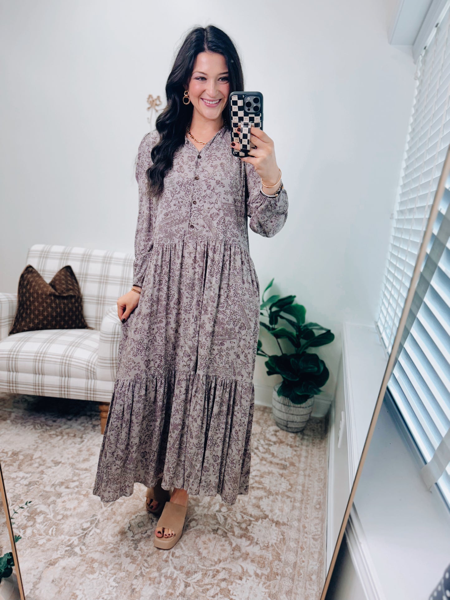 Denae Floral Print Tiered Midi Dress