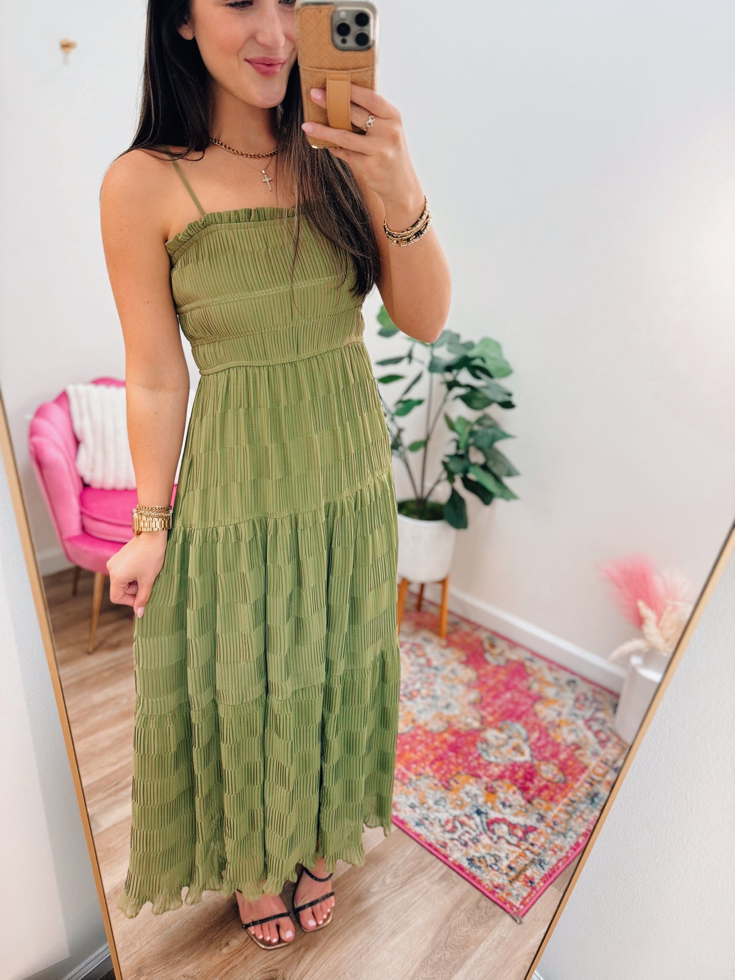 Olive Pleated Midi Dress