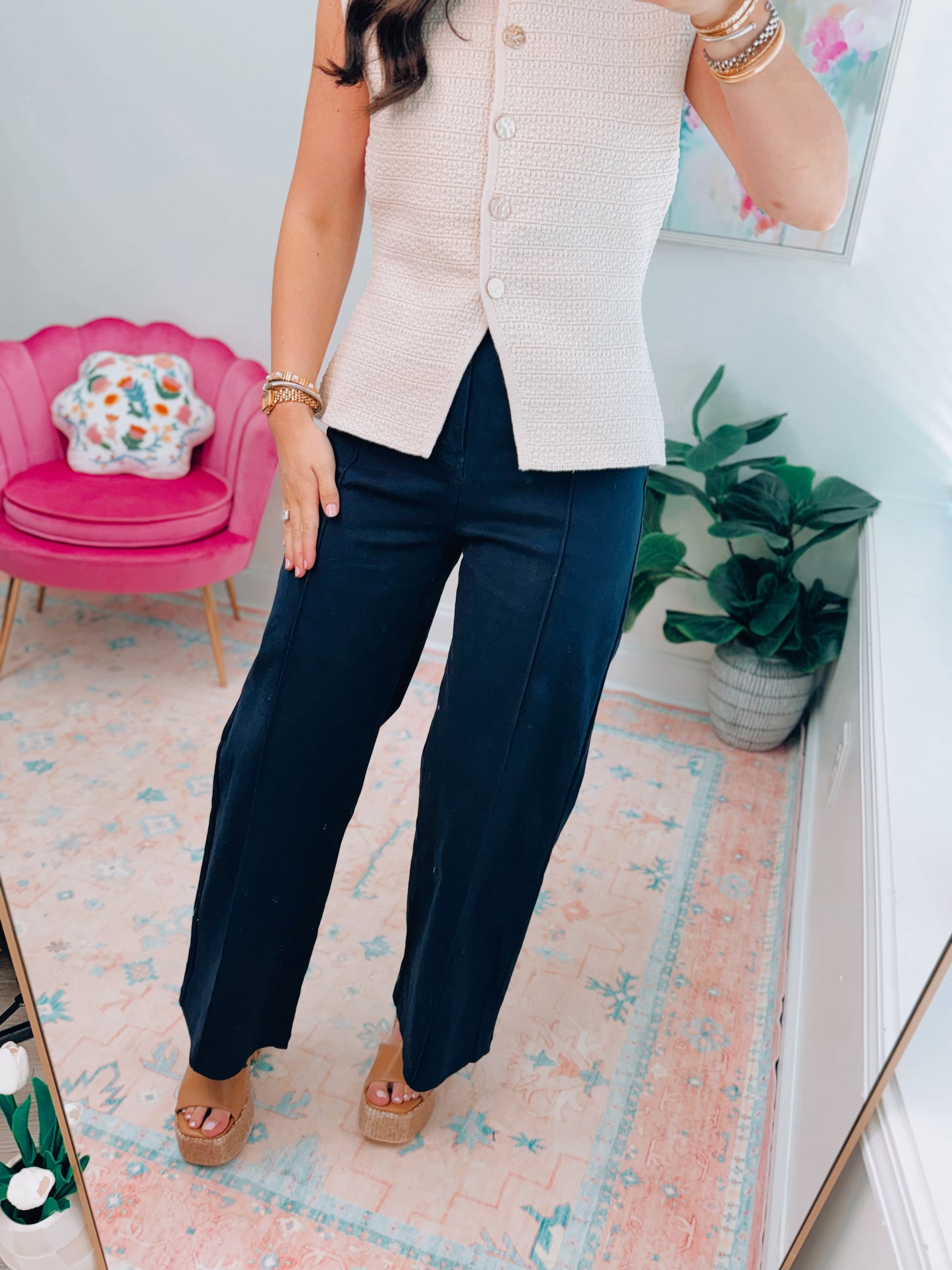 Navy Pleated No Button Denim