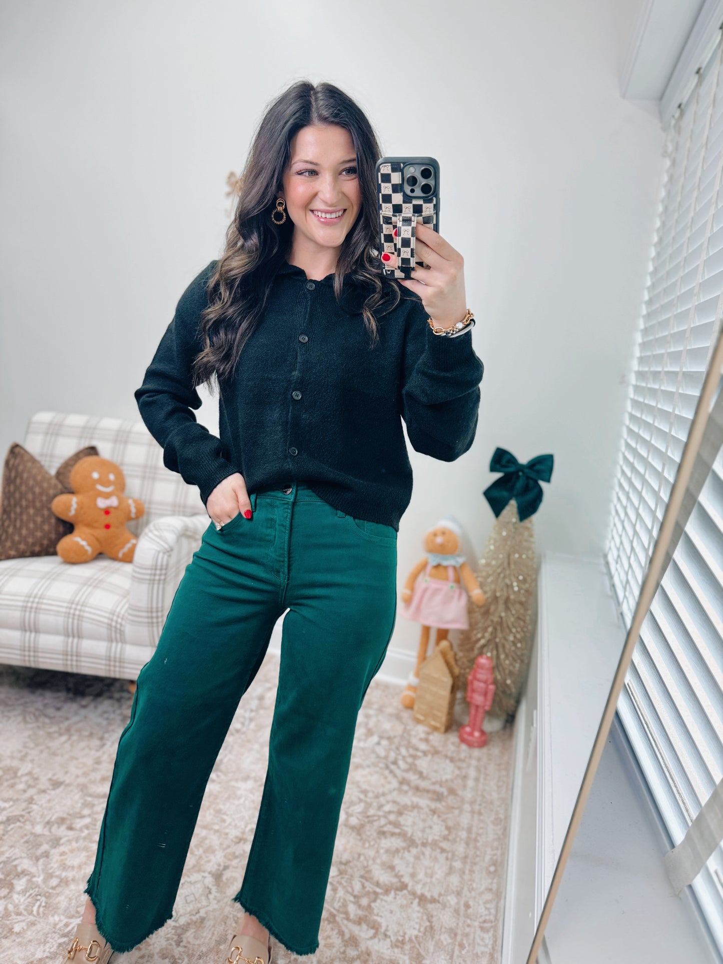 Ruffle Collar Cardigan Sweater - Black