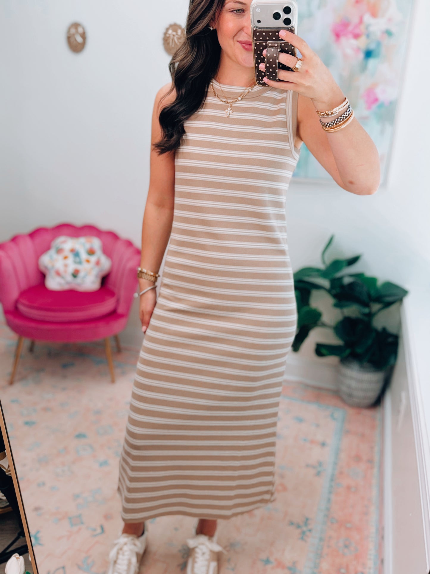 Button Back Striped Midi Dress