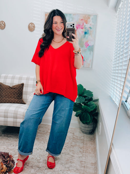 Red V-Neck Sweater Top