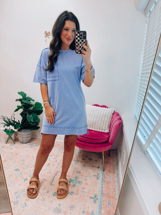 Easy Going Mineral Wash Tee Dress - Blue