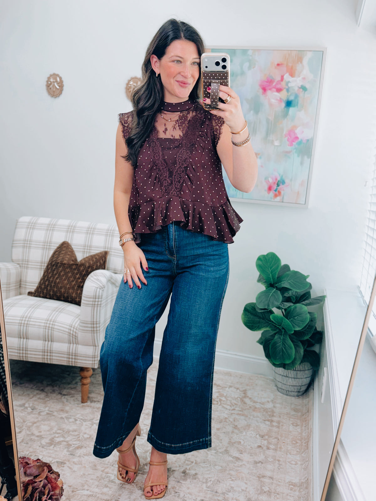 Wine Polka Dot Lace Trim Top