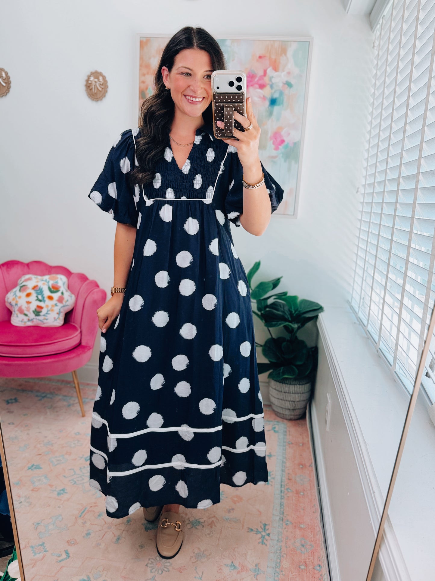Navy Smocked Polka Dot Midi Dress