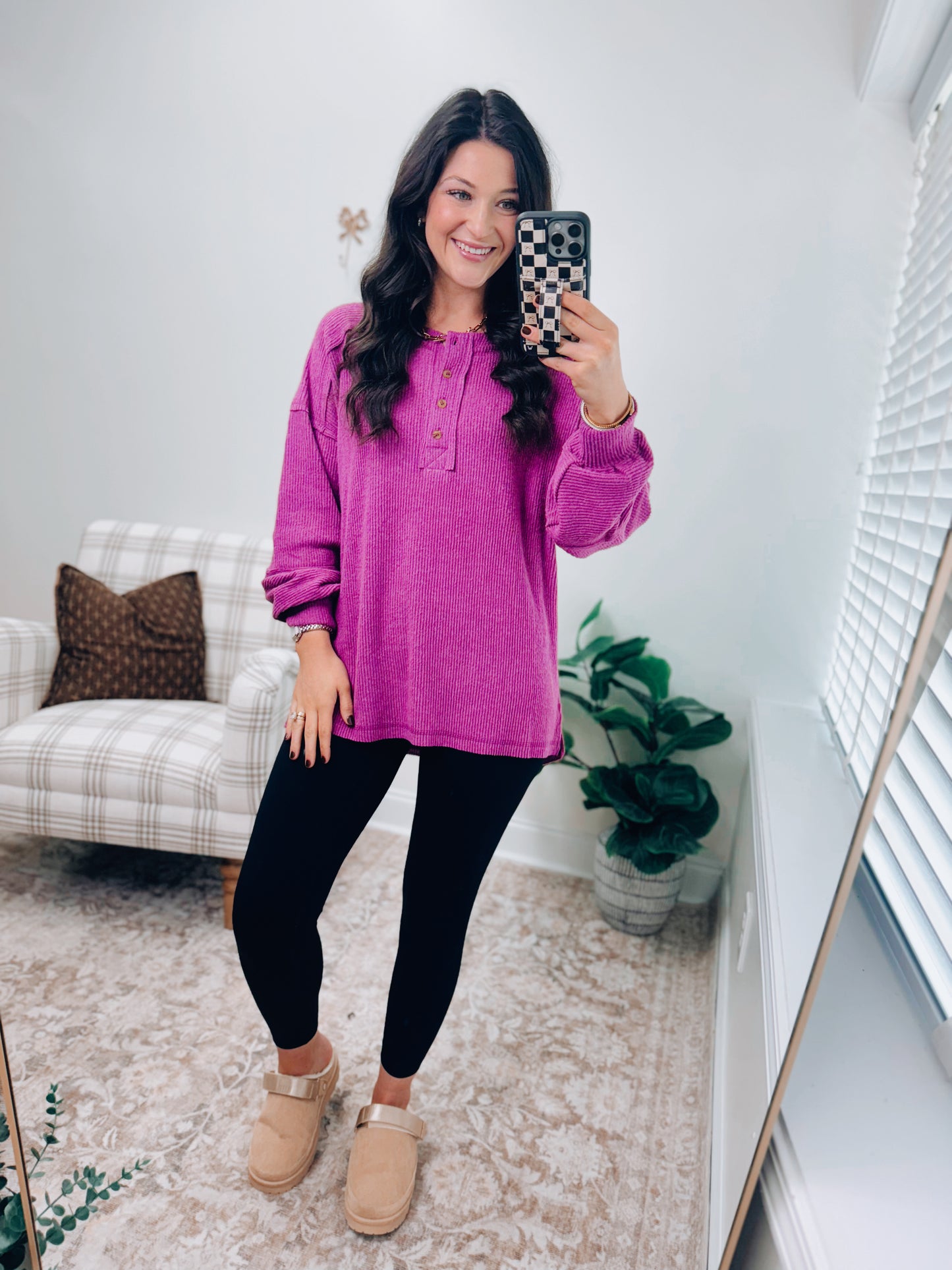 DOORBUSTER Button Brushed Ribbed Sweater - Plum