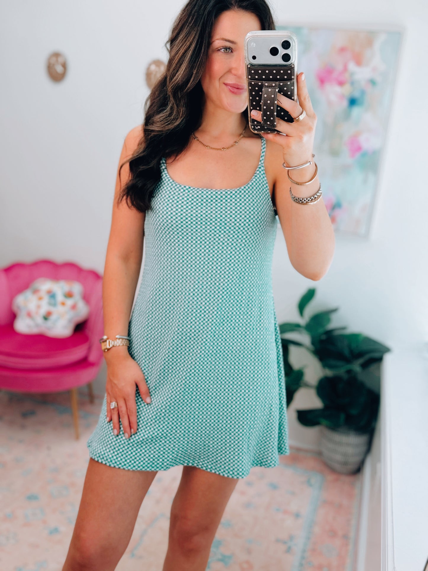 Green & White Textured Knit Tennis Dress
