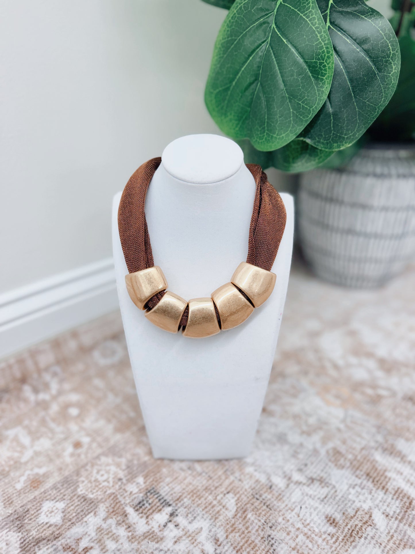 Chunky Geometric Metal & Mesh Necklace