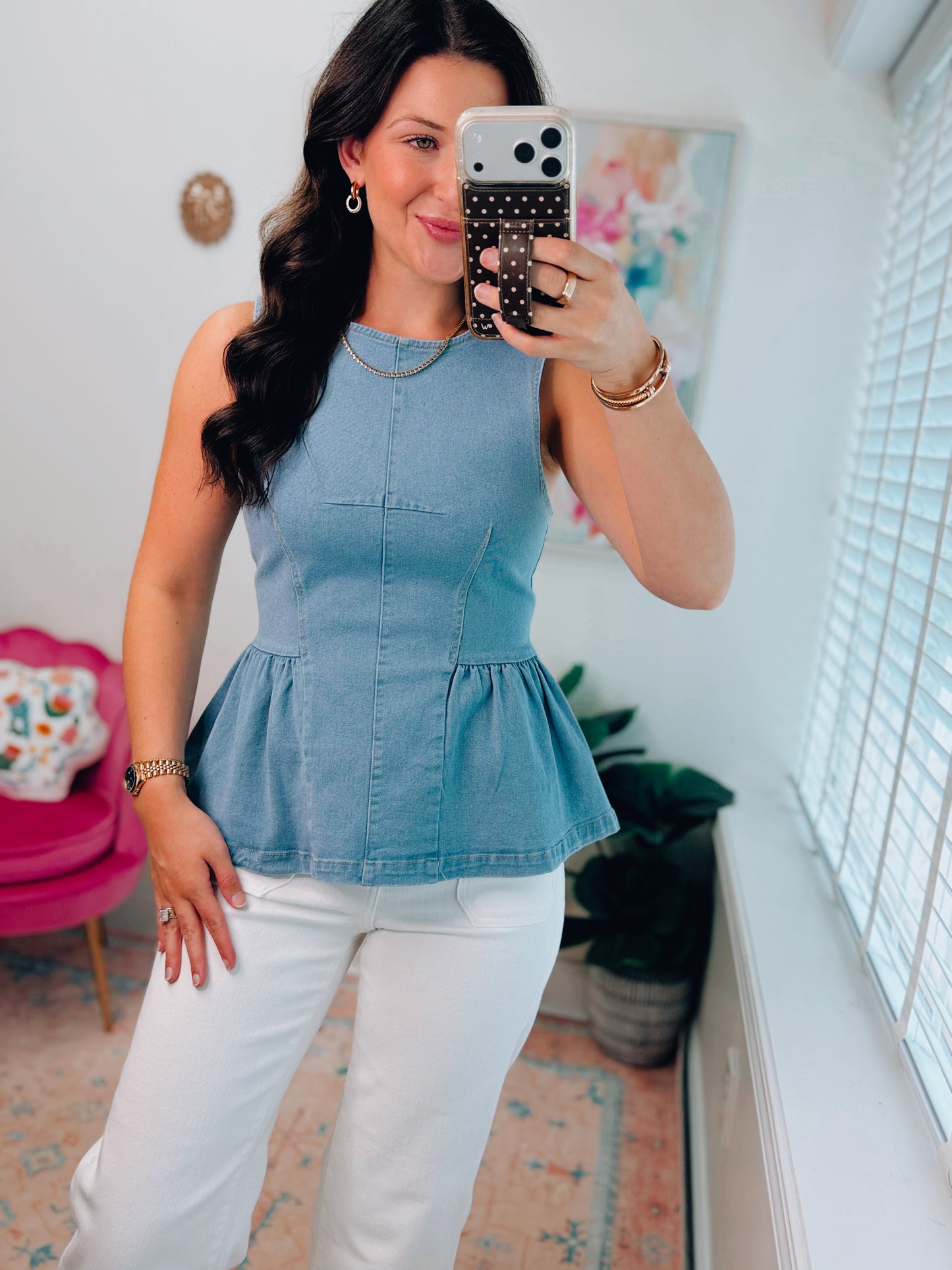 Denim Pleated Peplum Top