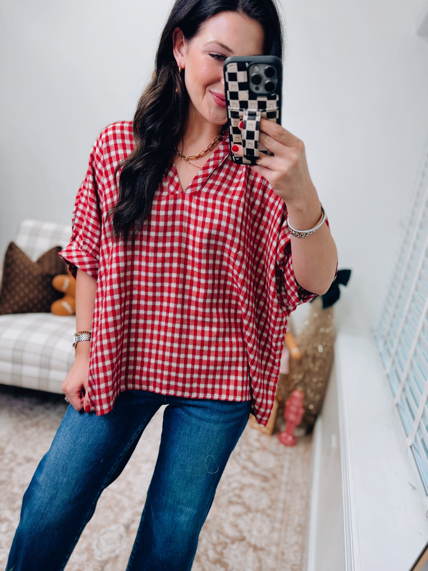 Gold Glitter Gingham Dolman Top