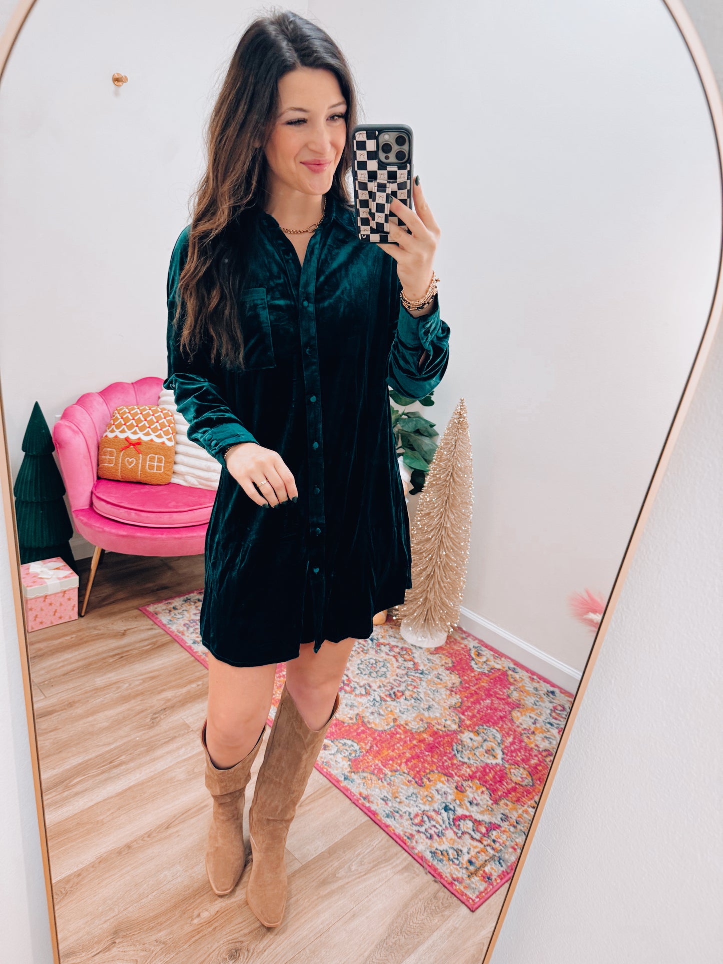 Velvet Forest Button Mini Dress